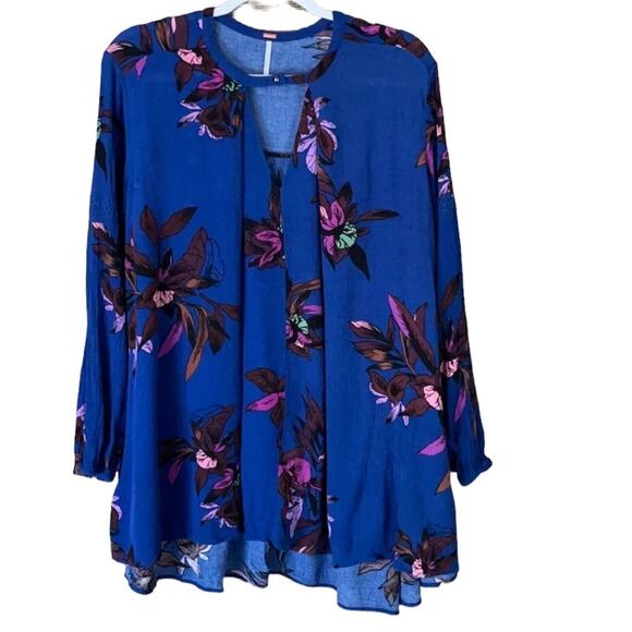Free People Tree Swing Tunic Mini Dress Long Sleeve Blue Floral Size XS - Picture 1 of 13